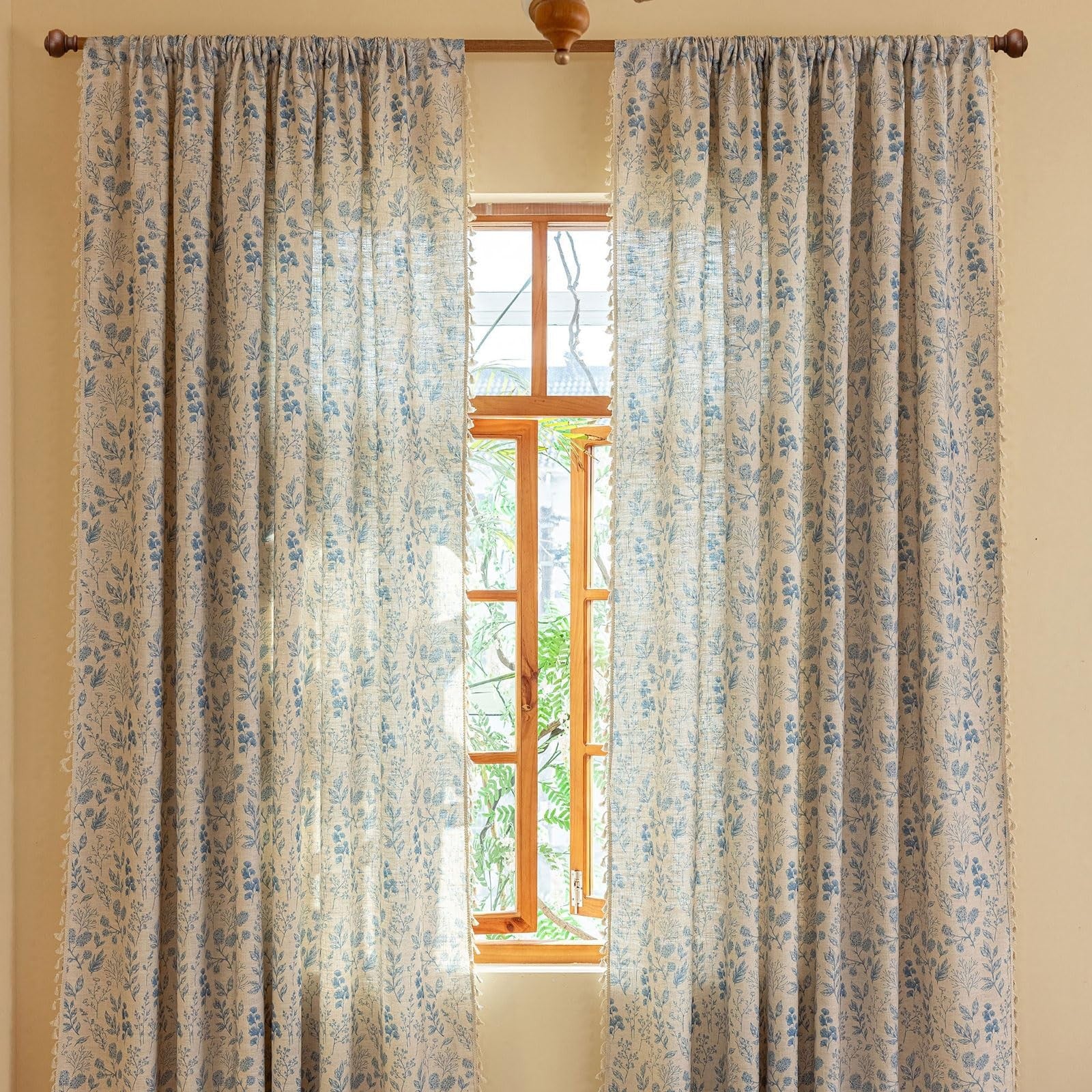 OYX blue floral boho light filtering curtains with two panels, 84 inches long, ideal for living rooms.