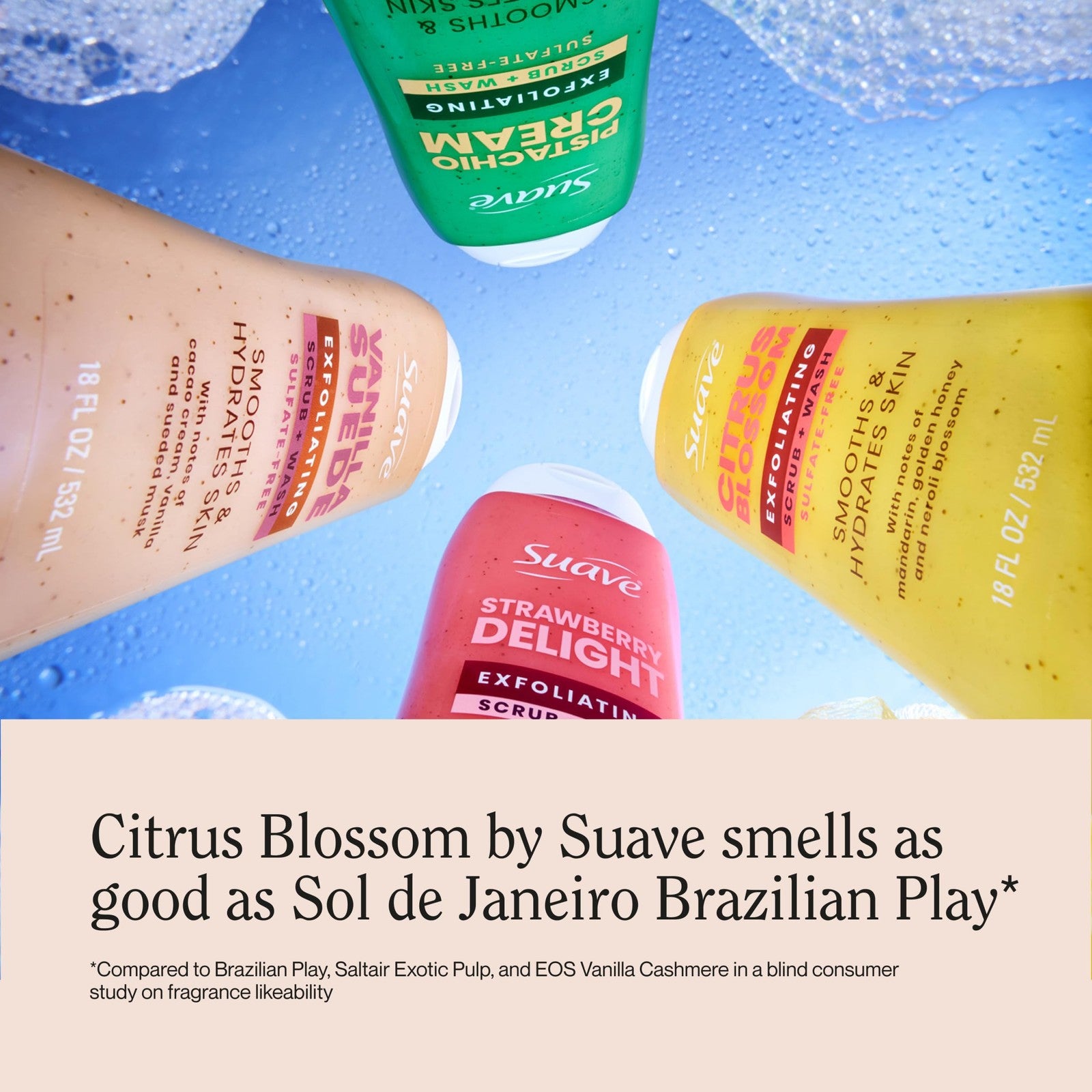 Suave Citrus Blossom exfoliating body wash and scrub with glycerin and vitamin E, showing a bottle with citrus scent and textured scrub particles.