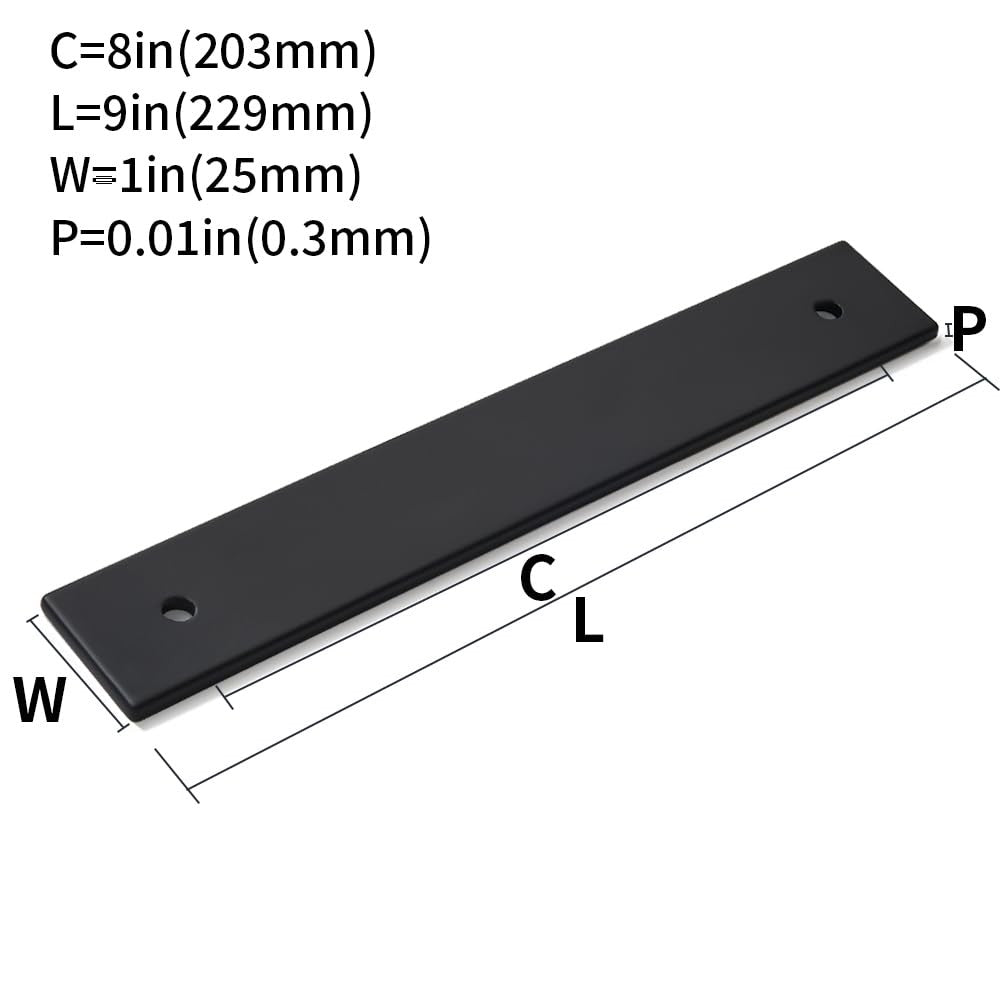 khtumeware 5-pack 9-inch square backplate with 8-inch CC matte black cabinet pull handles, shown with mounting hardware