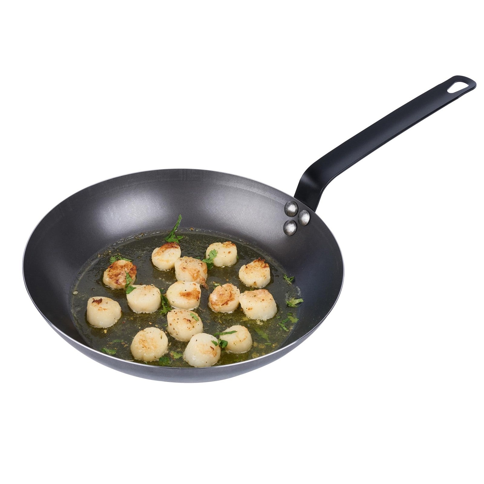 Met Lux 11-inch lightweight frying pan by Restaurantware, induction-ready with triple-rive design, shown with cooking surface visible.