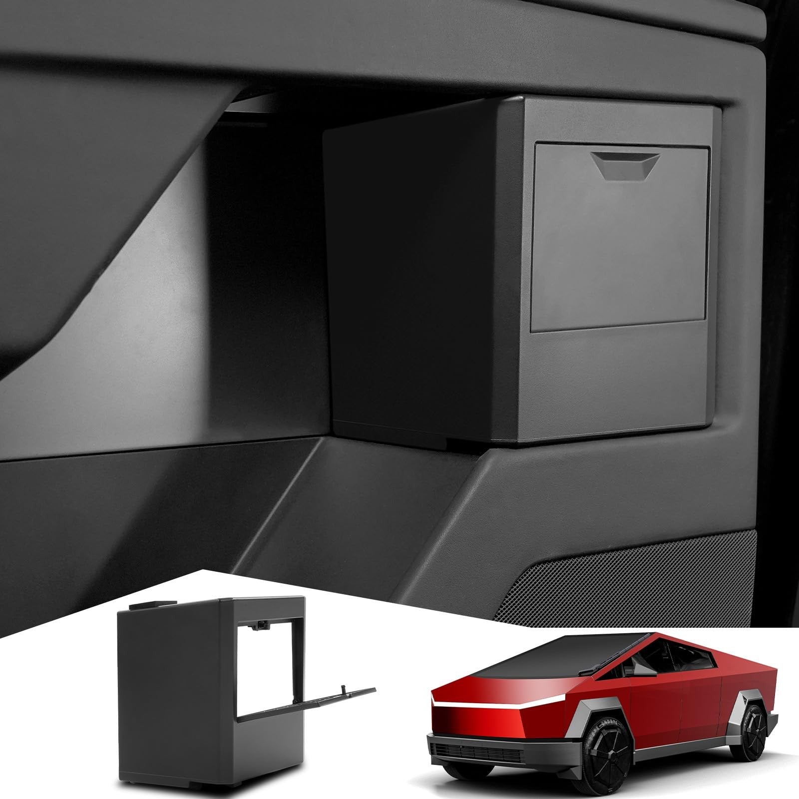Foronetry hidden storage box for Tesla Cybertruck 2024-2026, built-in door compartment with secure storage in the vehicle interior.