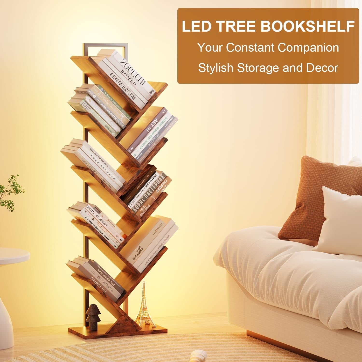 Qupui Tree-shaped book shelf with nine tiers and integrated LED lights, classical design, standing floor bookcase for home or office.