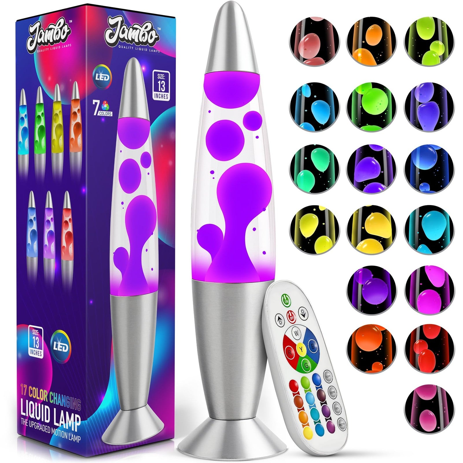 JAMBO 17-color changing LED motion lamp with remote, 13-inch LED light for kids and teens, displaying vibrant colors and motion effects.