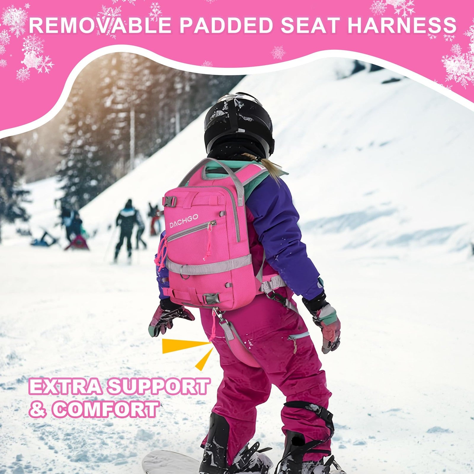 Dachgo kids ski and snowboard harness with adjustable leash and removable seat belt for safe snow sports.
