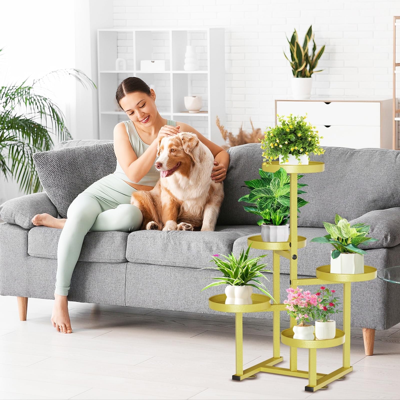 JSYONII 5-tier gold metal plant stand for indoor and outdoor use, corner plant shelf with tiered design and decorative gold finish.