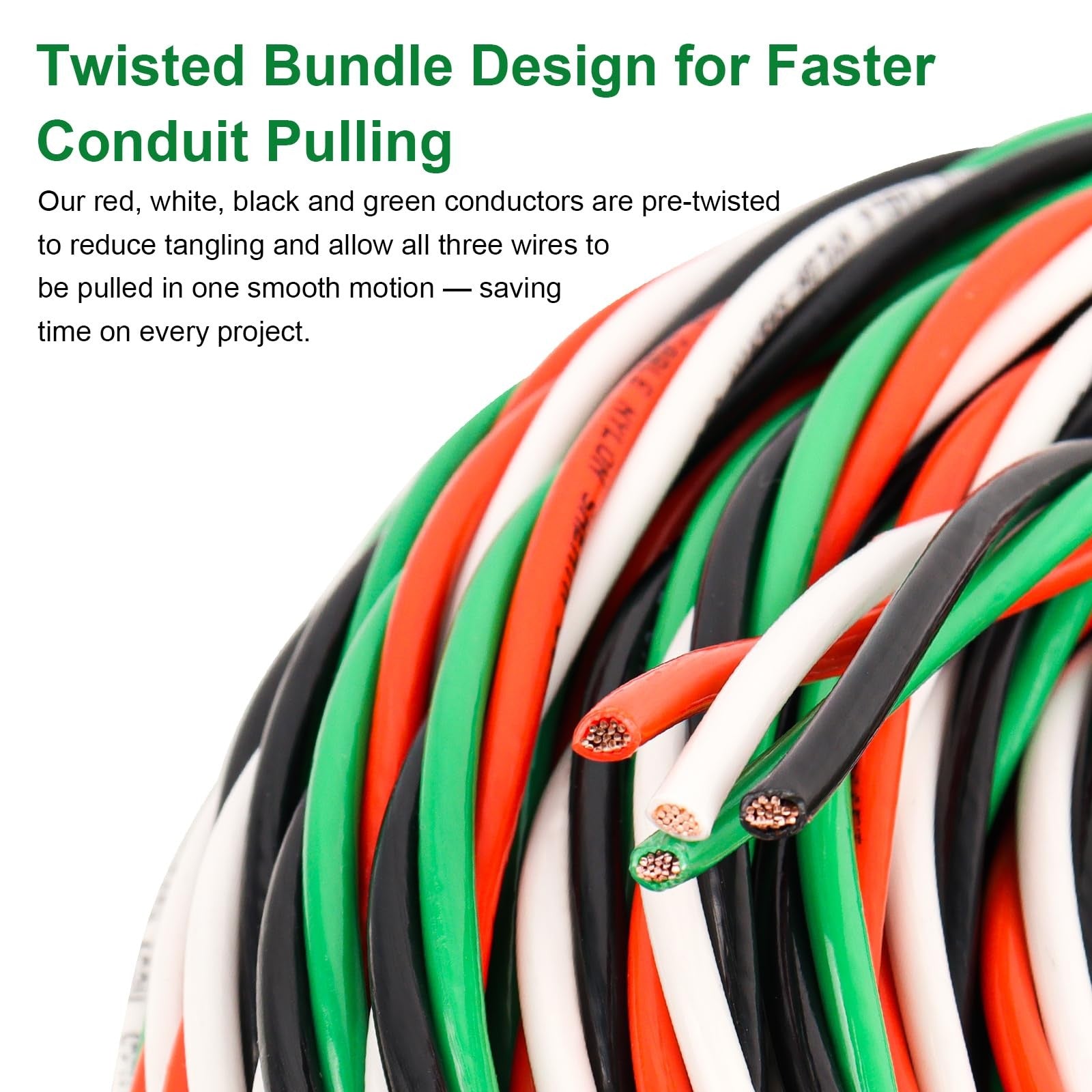 XRDS-RF 12 AWG THHN wire 25ft with four pre-twisted color strands in black, white, red, and green for electrical wiring.