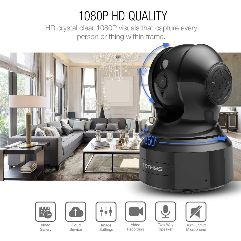 TETHYS wireless security camera 1080P indoor with pan and tilt, compatible with Alexa, mounted on a wall for home surveillance