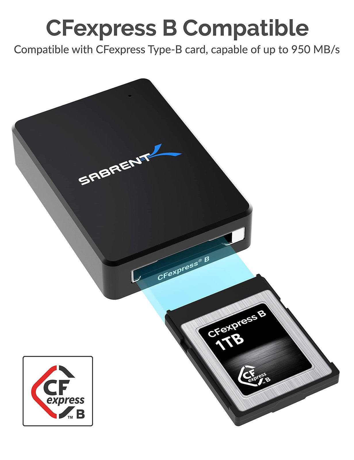 SABRENT CFexpress Type B card reader with USB 3.2 port and 10Gbps transfer speed, shown connected to a computer.