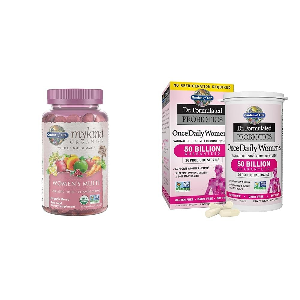 Garden of Life Women's Gummy Vitamins in berry flavor, showing colorful organic berry-flavored gummies in a clear container.