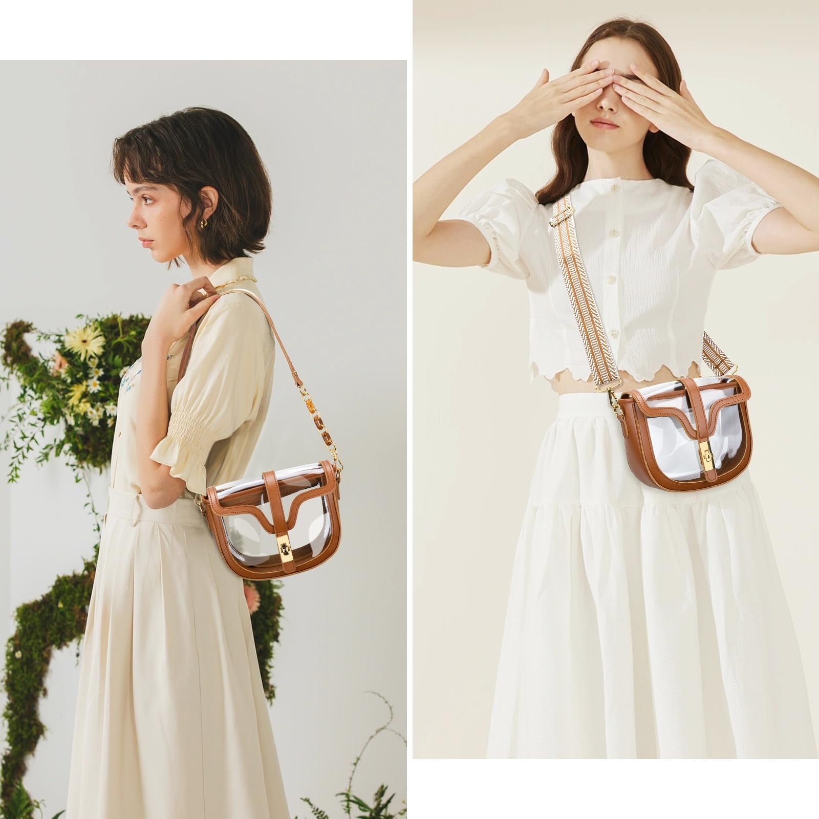 KKXIU clear crossbody bag for women in vegan leather, stadium approved shoulder purse with transparent design and silver hardware.