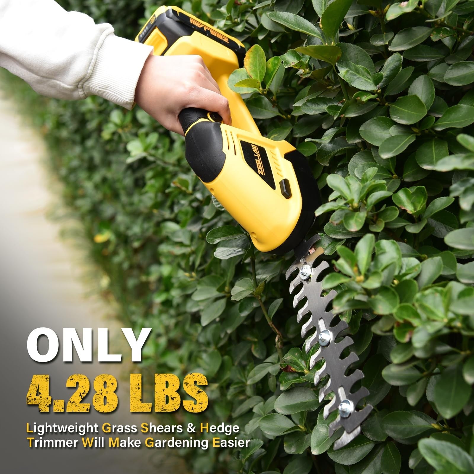 ZEGJAW 20V cordless hedge trimmer and grass shear in hand, showing dual-use electric garden tool with blades and handle.