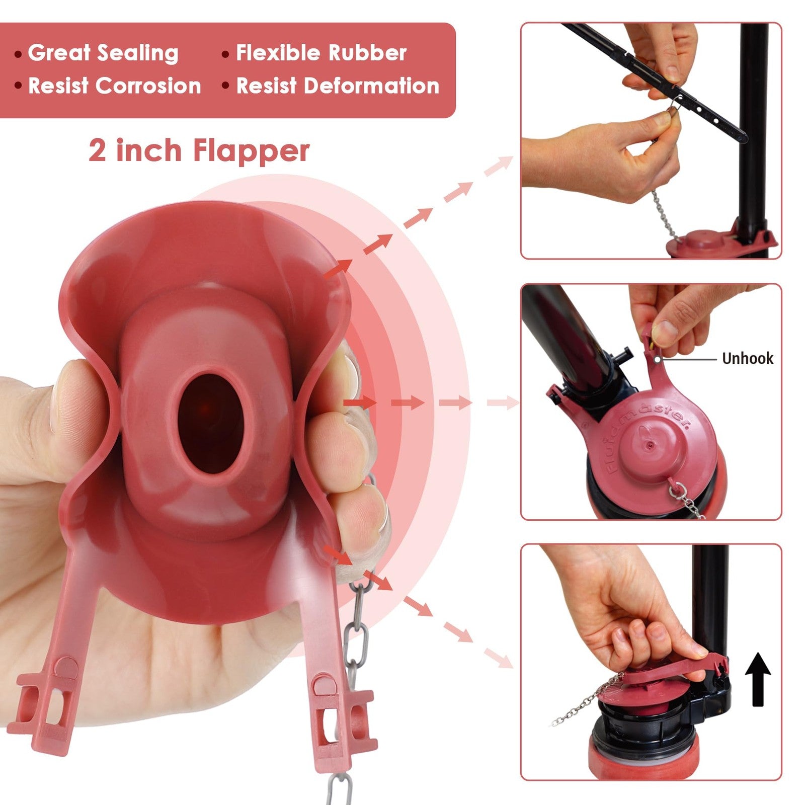Saillong 4-piece toilet float replacement kit with 2-inch flapper and universal flusher components for toilet repair.