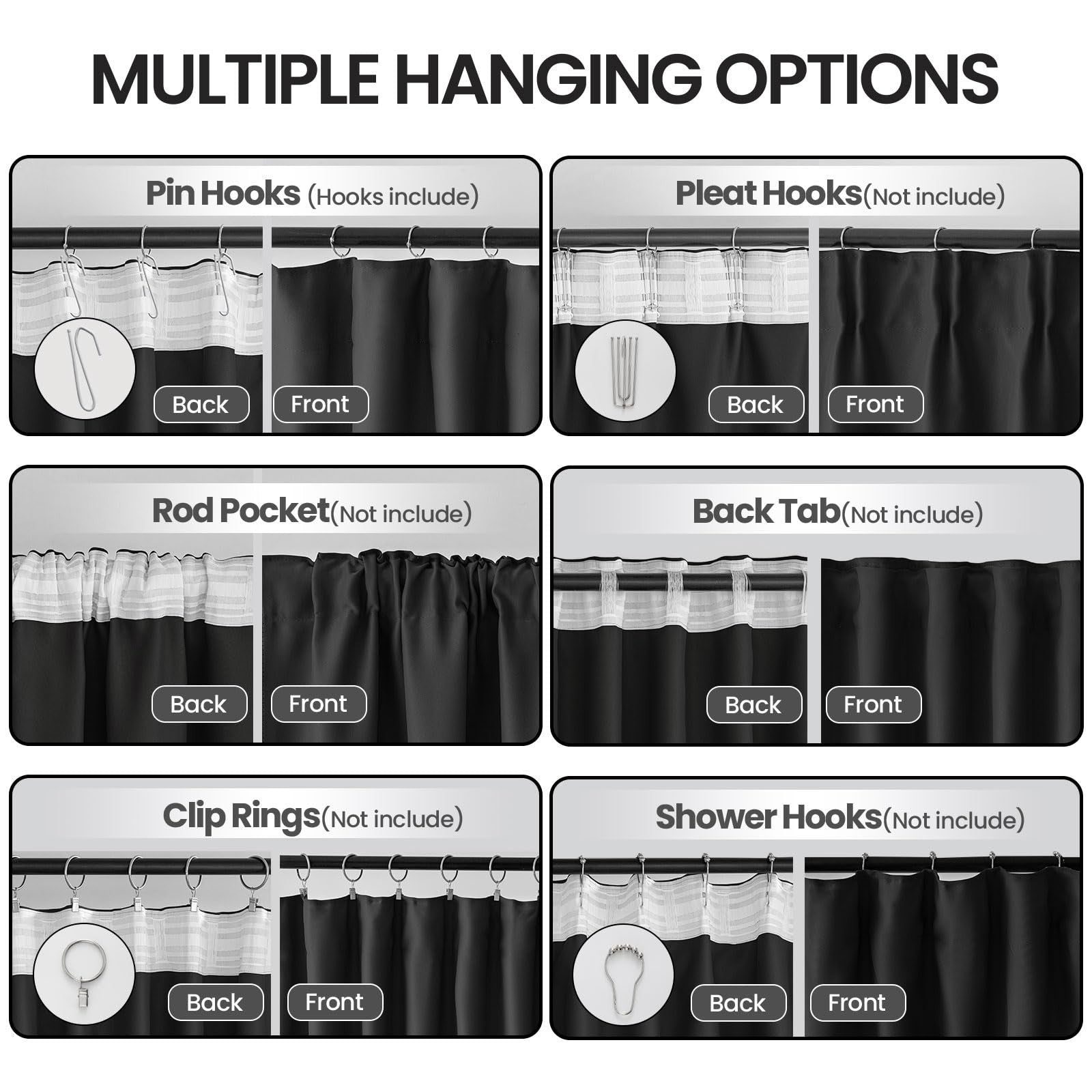 Grichril 108-inch black blackout curtains with two panels, designed for bedroom window darkening and heat blocking.