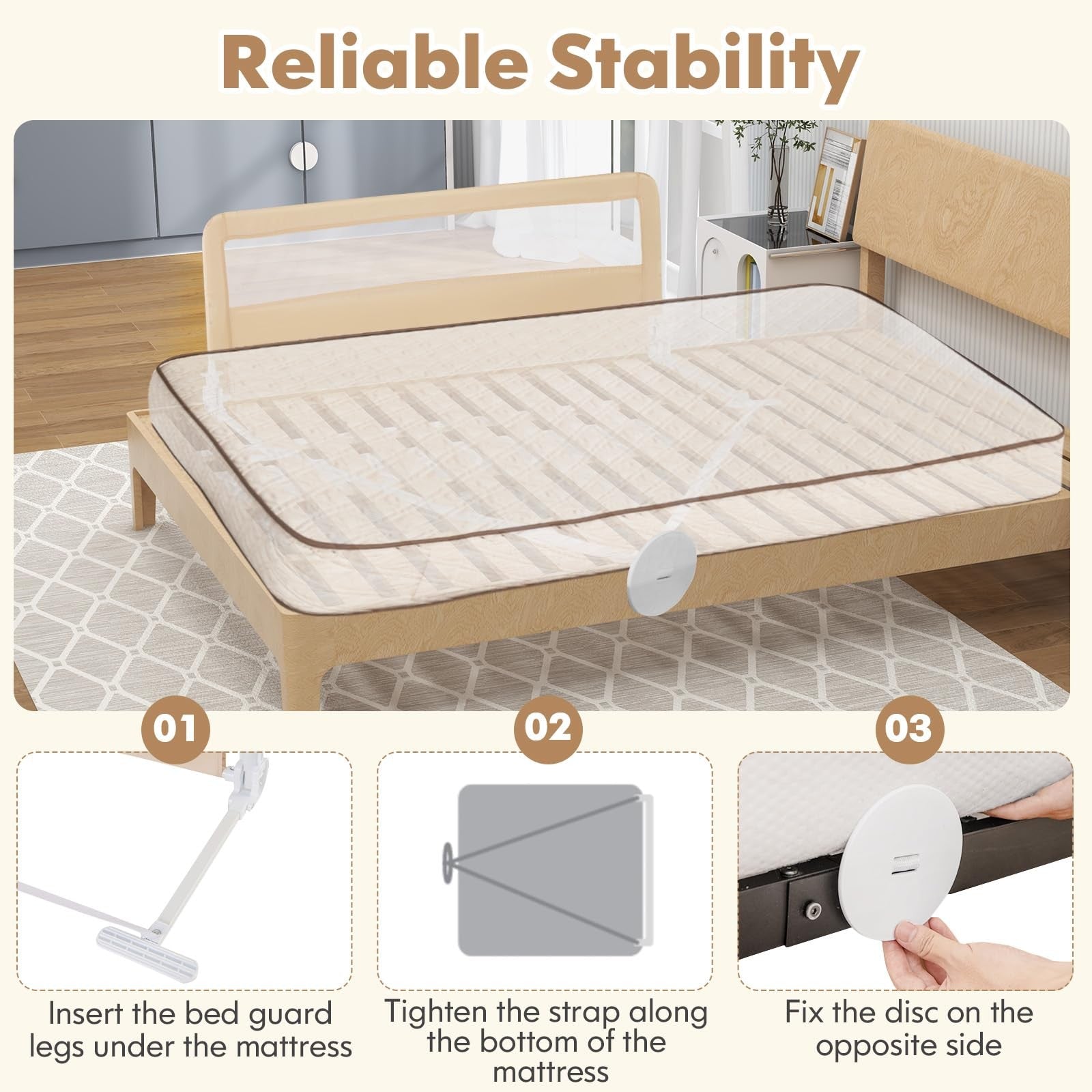 BABY JOY toddler bed rails, 59-inch long swing-down bed guard with safety features, shown installed on a child's bed.