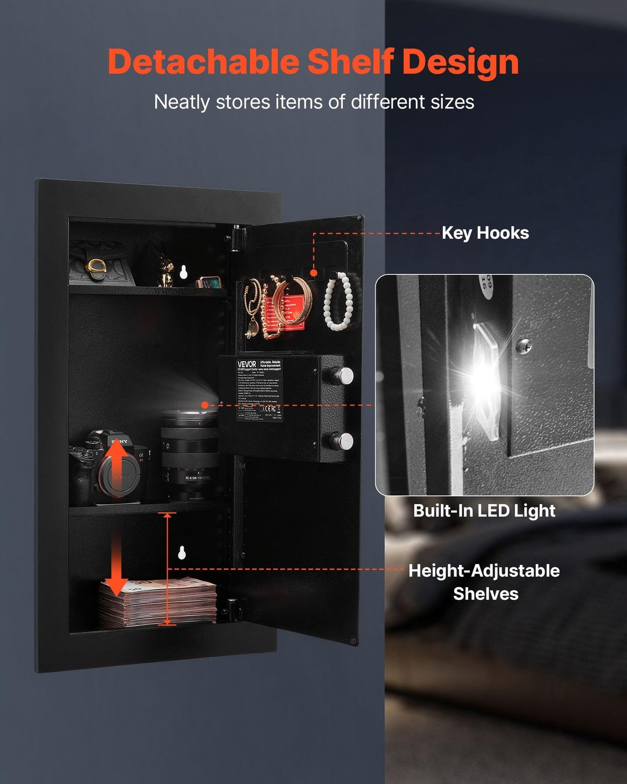 Vevor 25.6-inch high wall safe with 3 tiers, hidden design, keypad lock, and key access, mounted on a wall.
