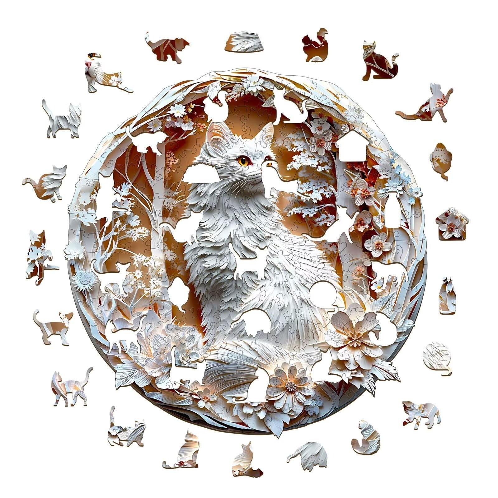Jollitot 3D wooden cat puzzle for adults with 300 pieces, featuring a unique animal-shaped design and intricate craftsmanship.