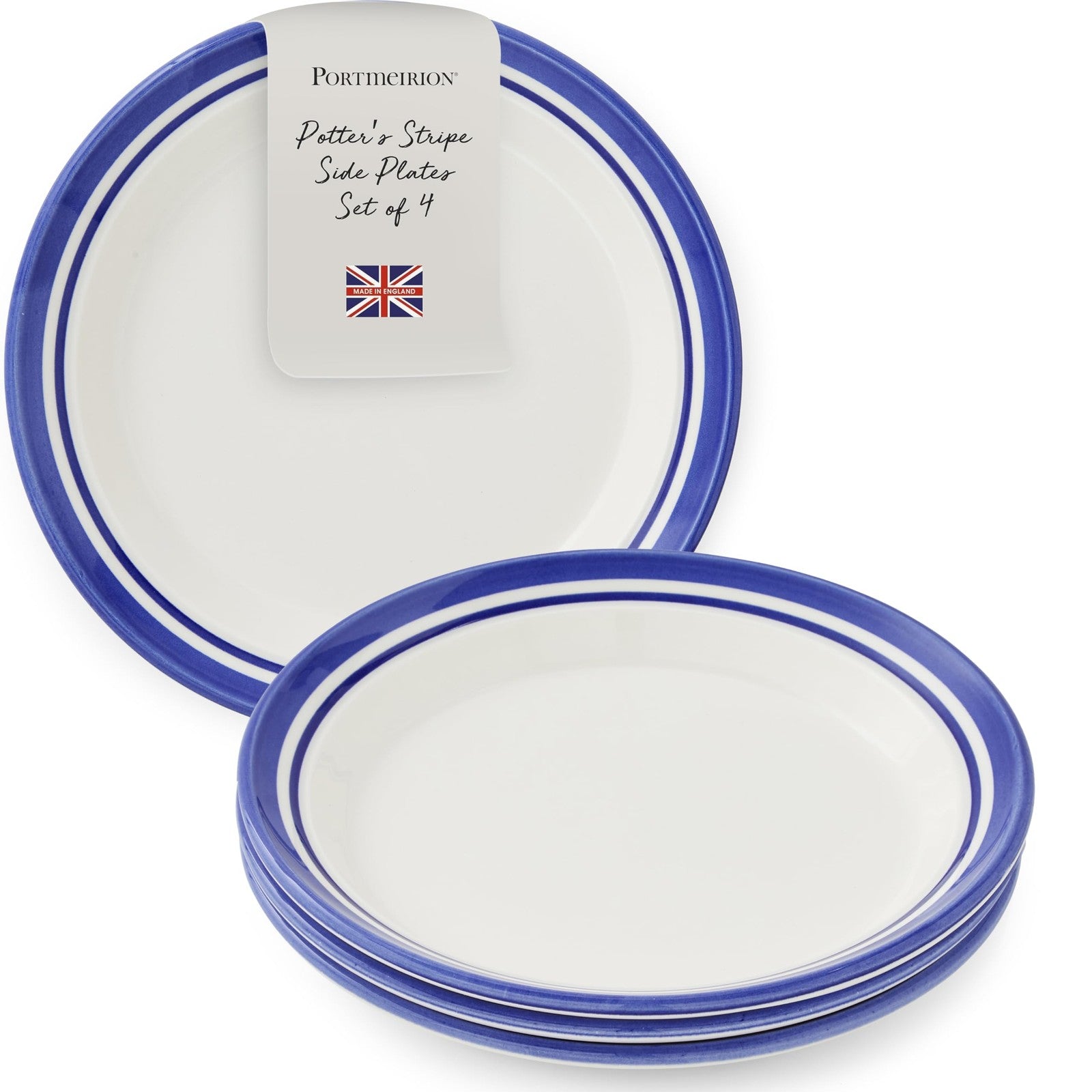 Set of four Portmeirion Potter's Stripe 8-inch salad plates featuring colorful earthenware with striped design.