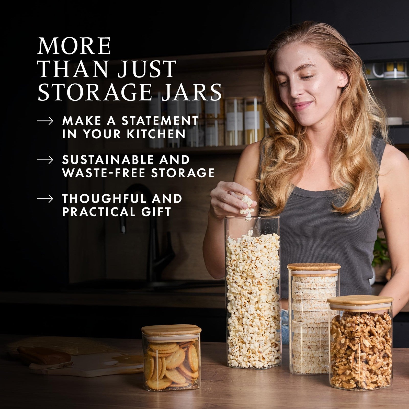 Livabl glass pantry storage containers with lids and 165 labels, set of 5, shown with clear glass and matching lids for organized storage.