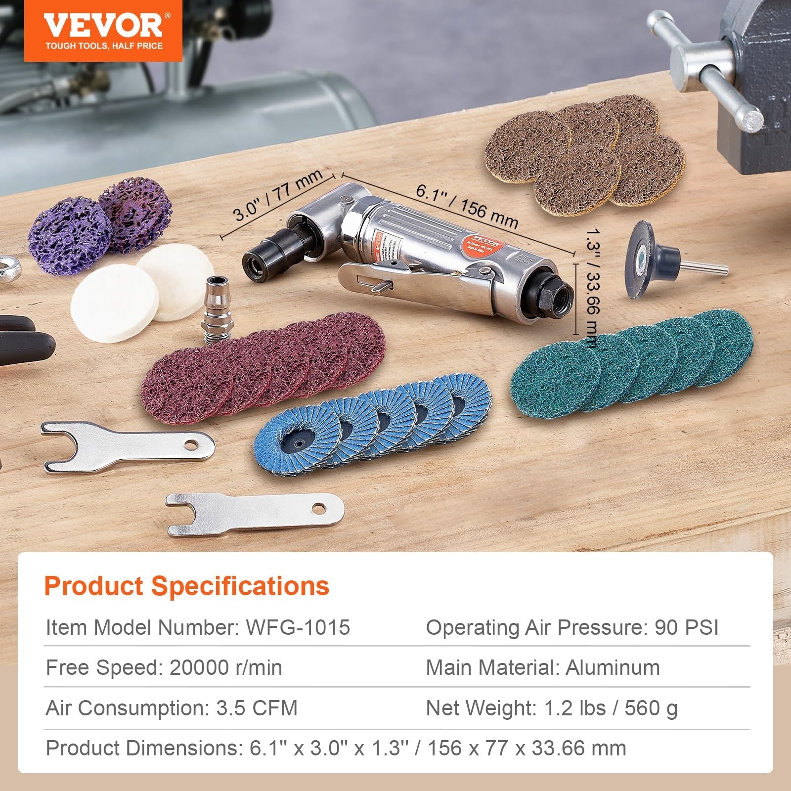 VEVOR 1/4 inch right angle air die grinder with ball bearing, 20,000 RPM, lightweight design, suitable for grinding and polishing tasks.