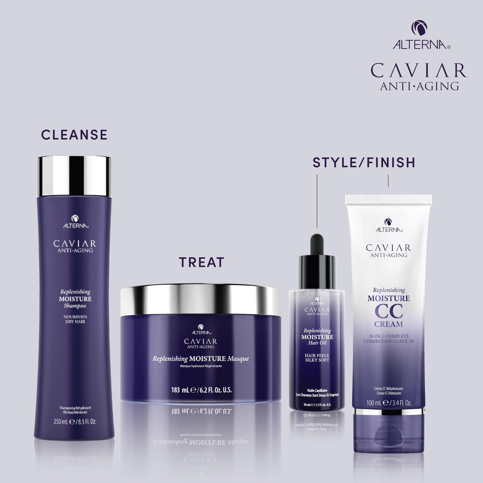 Alterna CAVIAR Anti-Aging Replenishing Moisture Hair Oil 1.7 oz bottle showing the light formula in a sleek container.