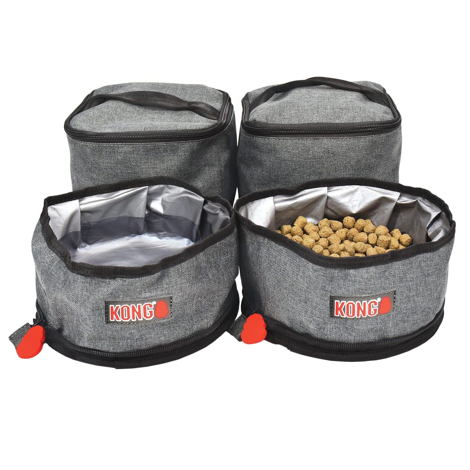 KONG 5-piece pet travel bag set with washable tote, food storage, and collapsible bowls for pet food and accessories.