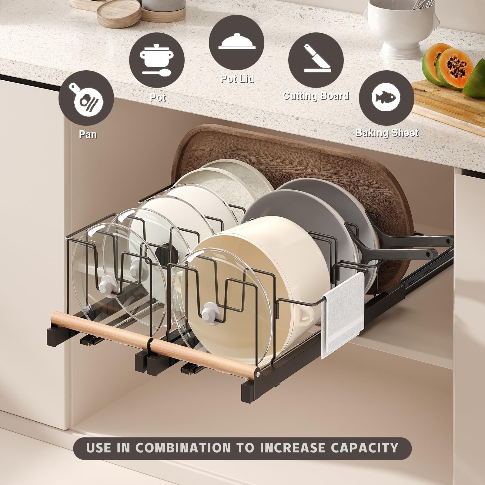 Magheo pull-out pots and pans organizer under cabinet, 22-inch deep expandable lid storage for kitchen organization