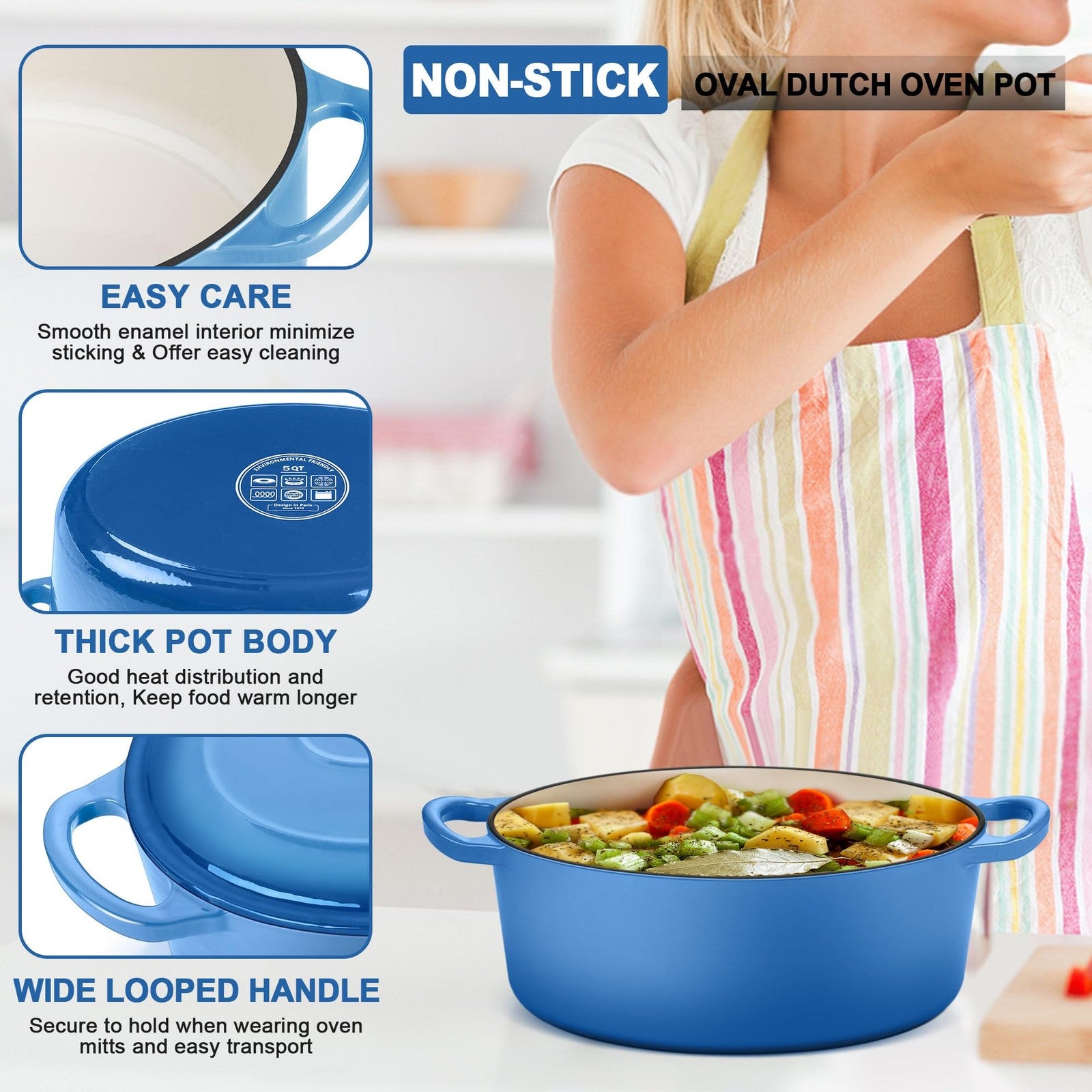 E-far 5QT oval enameled cast iron Dutch oven pot with lid, ideal for braising and slow cooking in the kitchen