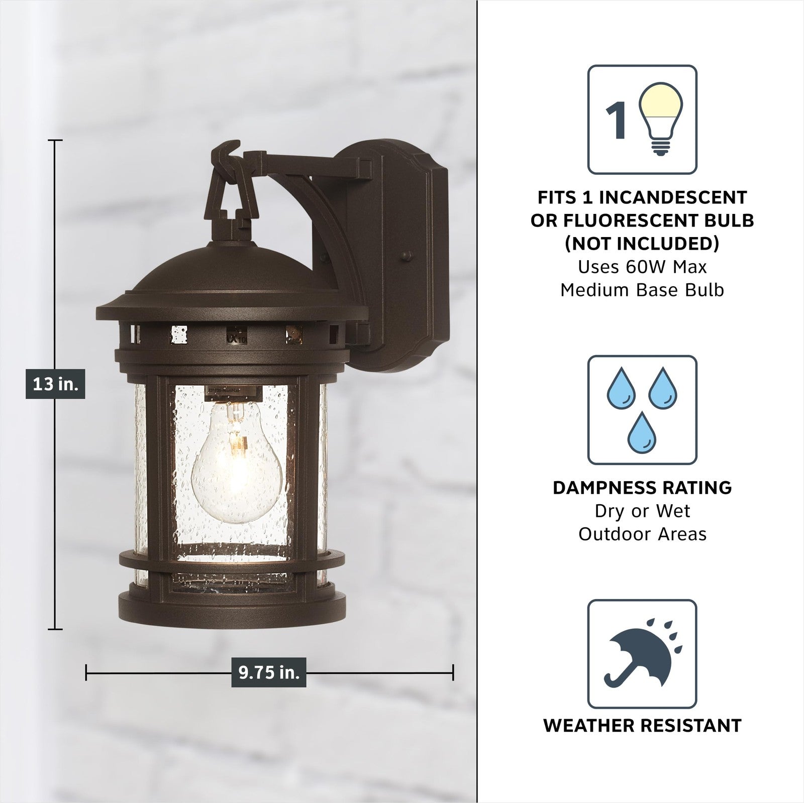 Outdoor wall lantern fixture with a 13-inch design, featuring a classic exterior wall light style in a rustic finish.