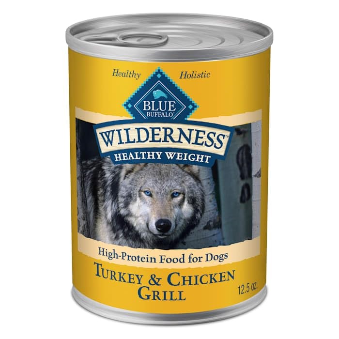 Blue Buffalo Wilderness Healthy Weight wet dog food with turkey and chicken in a bowl, showing the moist, shredded meat.