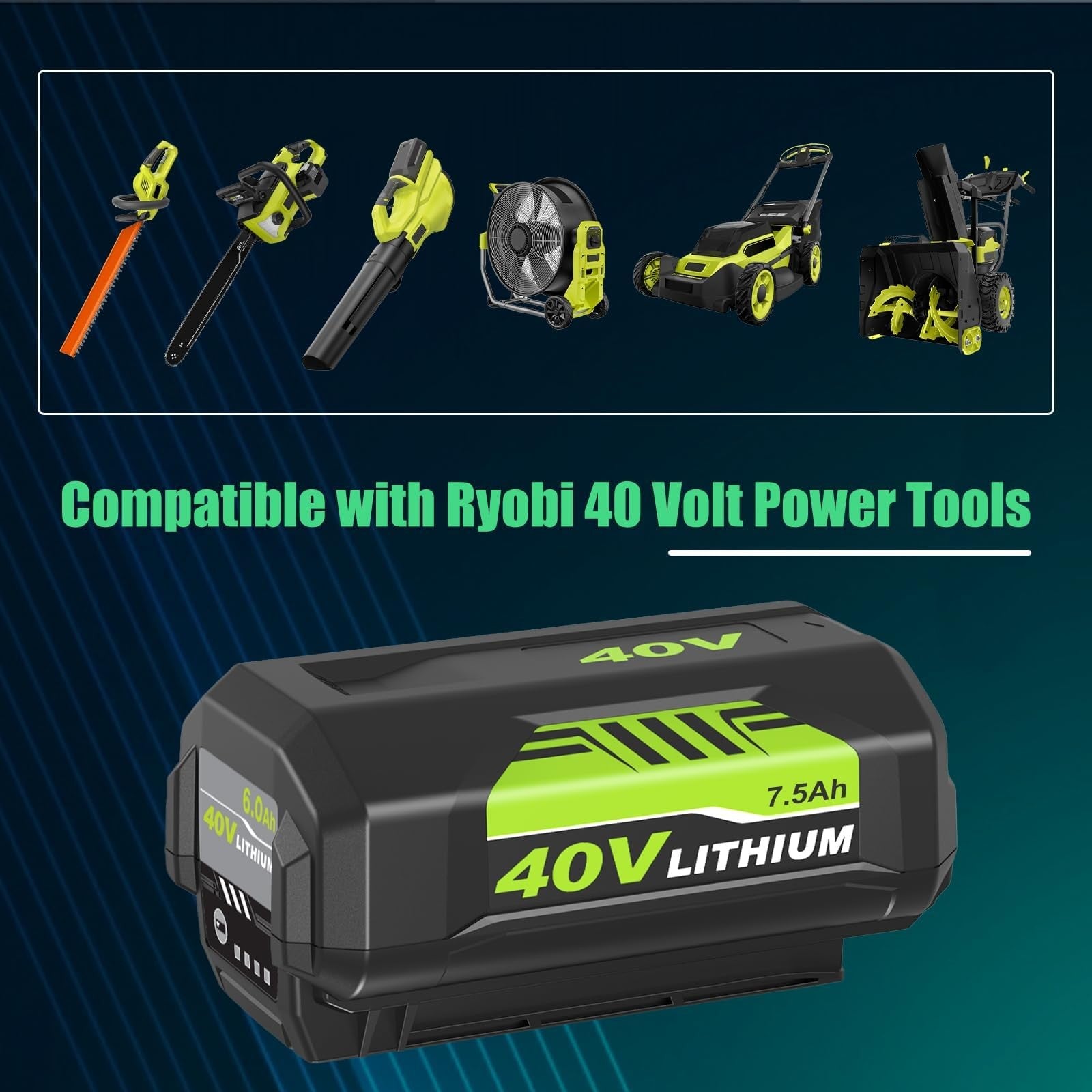 Munikind 40V 7500mAh lithium battery replacement for Ryobi power tools, showing the black and orange battery with brand label.