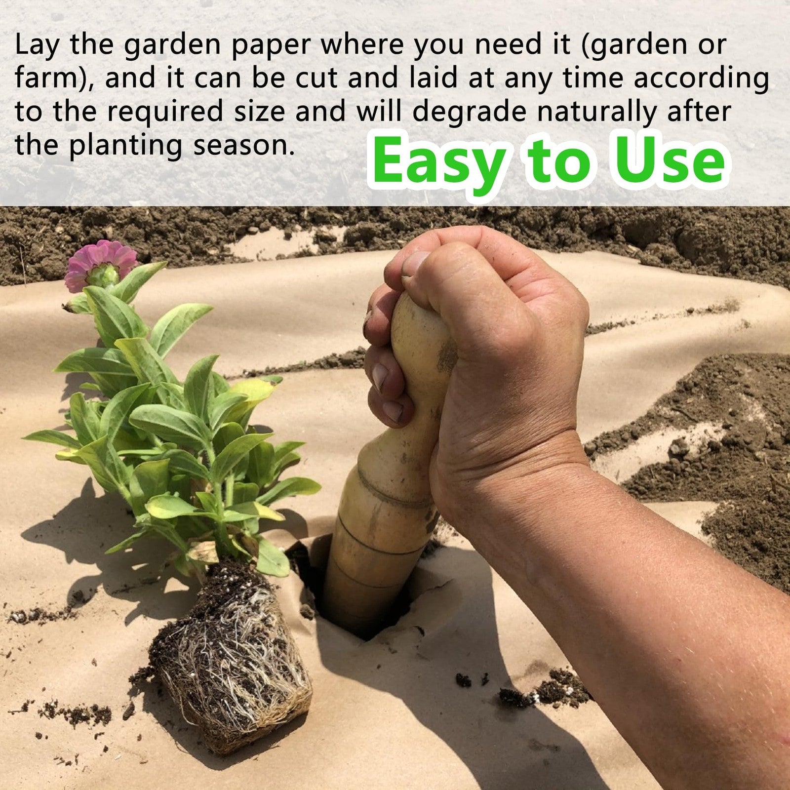 Heavy-duty biodegradable garden weed barrier fabric by Agegomic, showing the durable, eco-friendly weed control paper for garden use.
