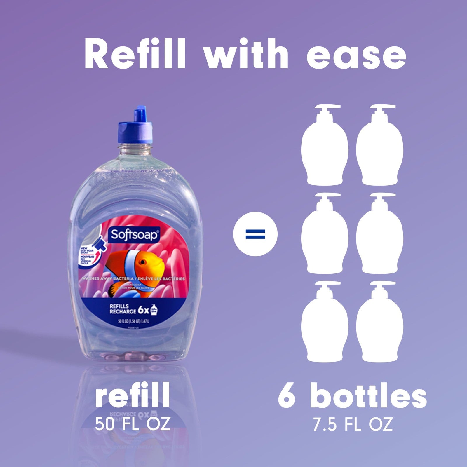 Softsoap liquid hand soap refill packs with aquarium-themed packaging, totaling 300oz in six 50oz bottles.