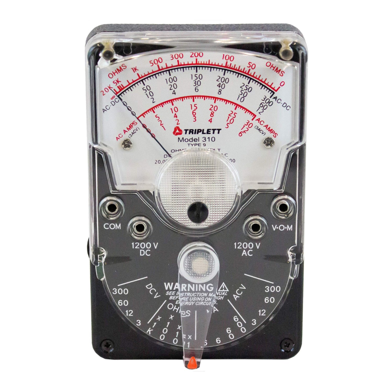Triplett 3018 Model 310 compact analog multimeter displaying analog dial with AC/DC voltage and DC current settings.