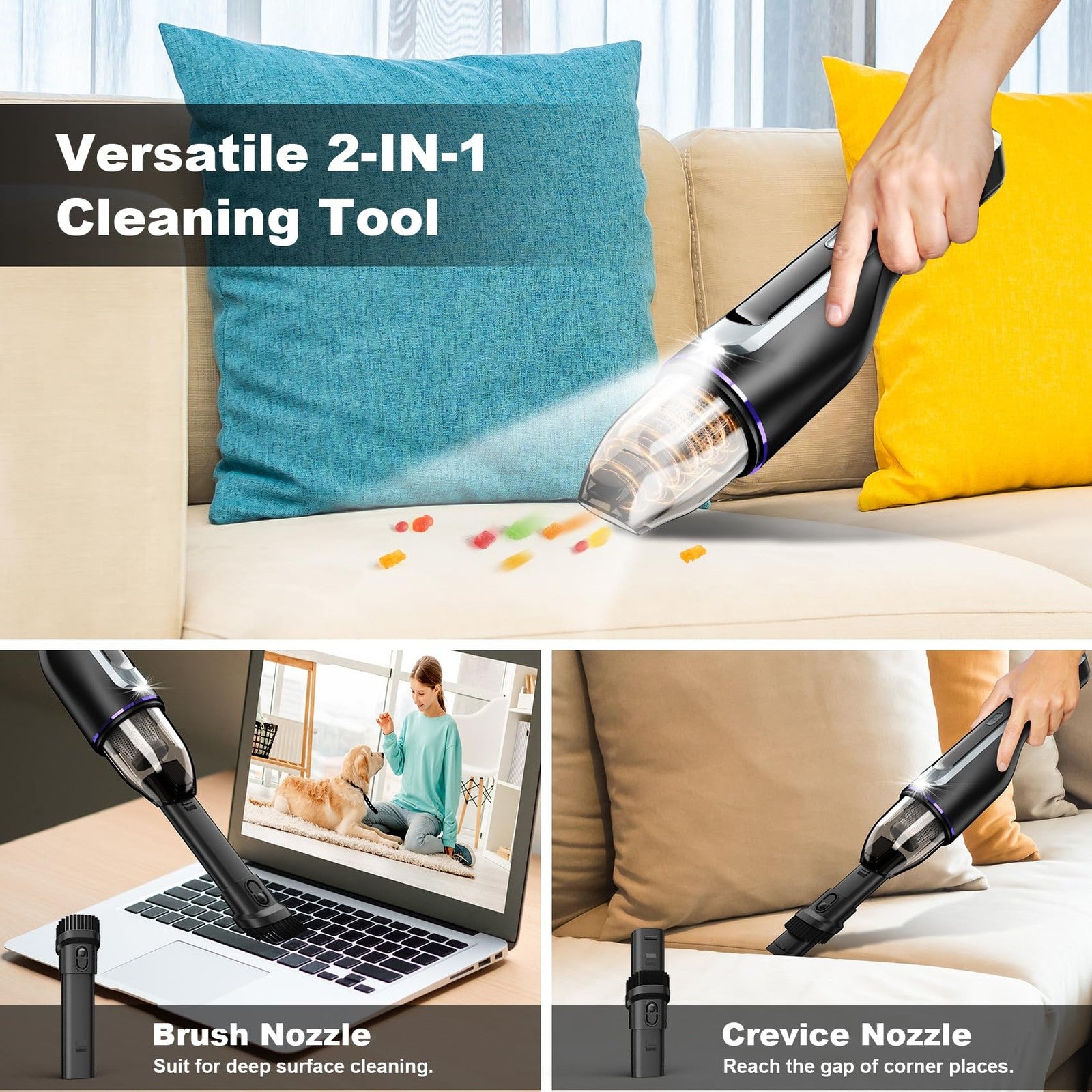DRECELL handheld vacuum cleaner with brushless motor and 14000Pa power, designed for car cleaning and portable use.