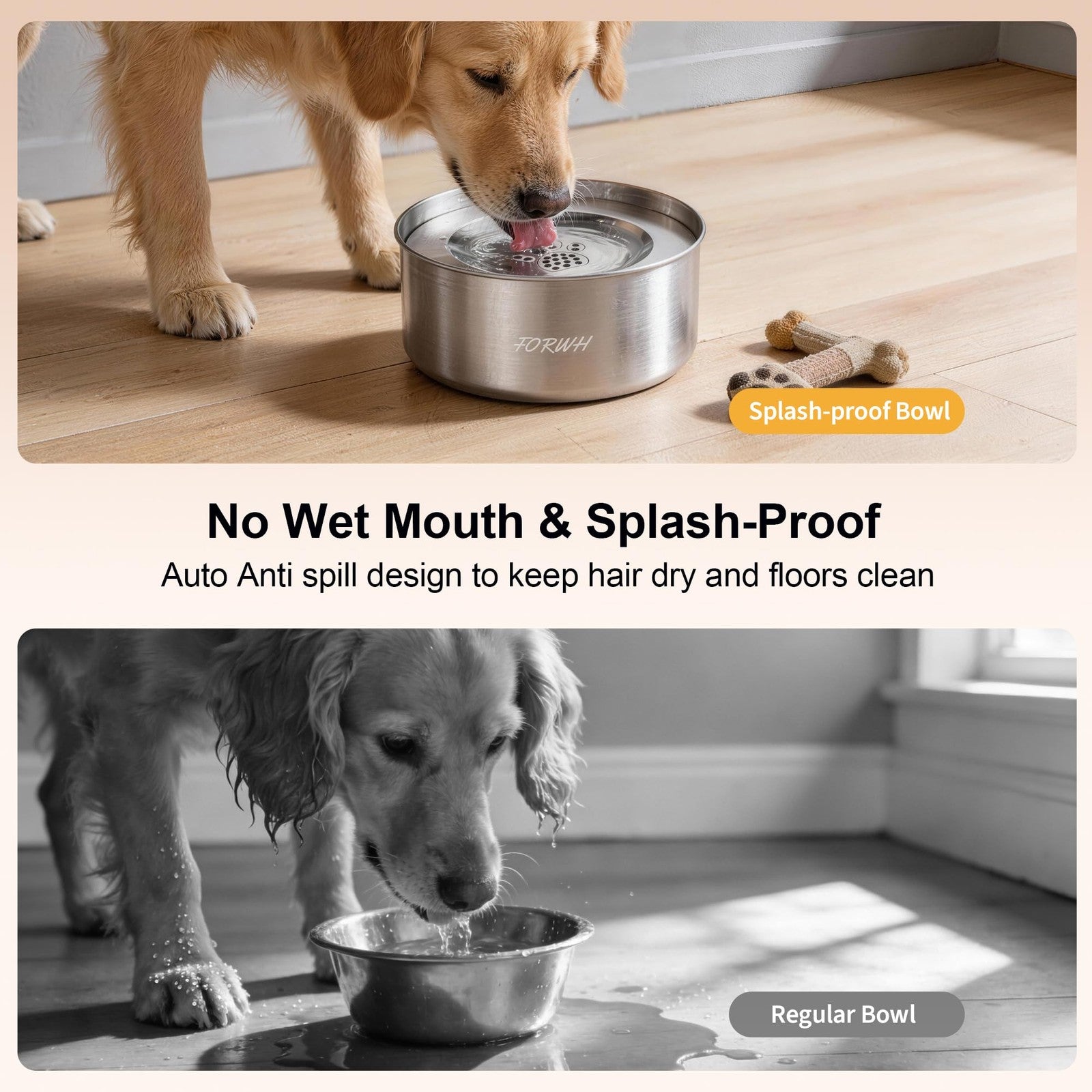 FORWH stainless steel dog water bowl with no spill design, 101oz capacity, large pet water dispenser on a tiled floor