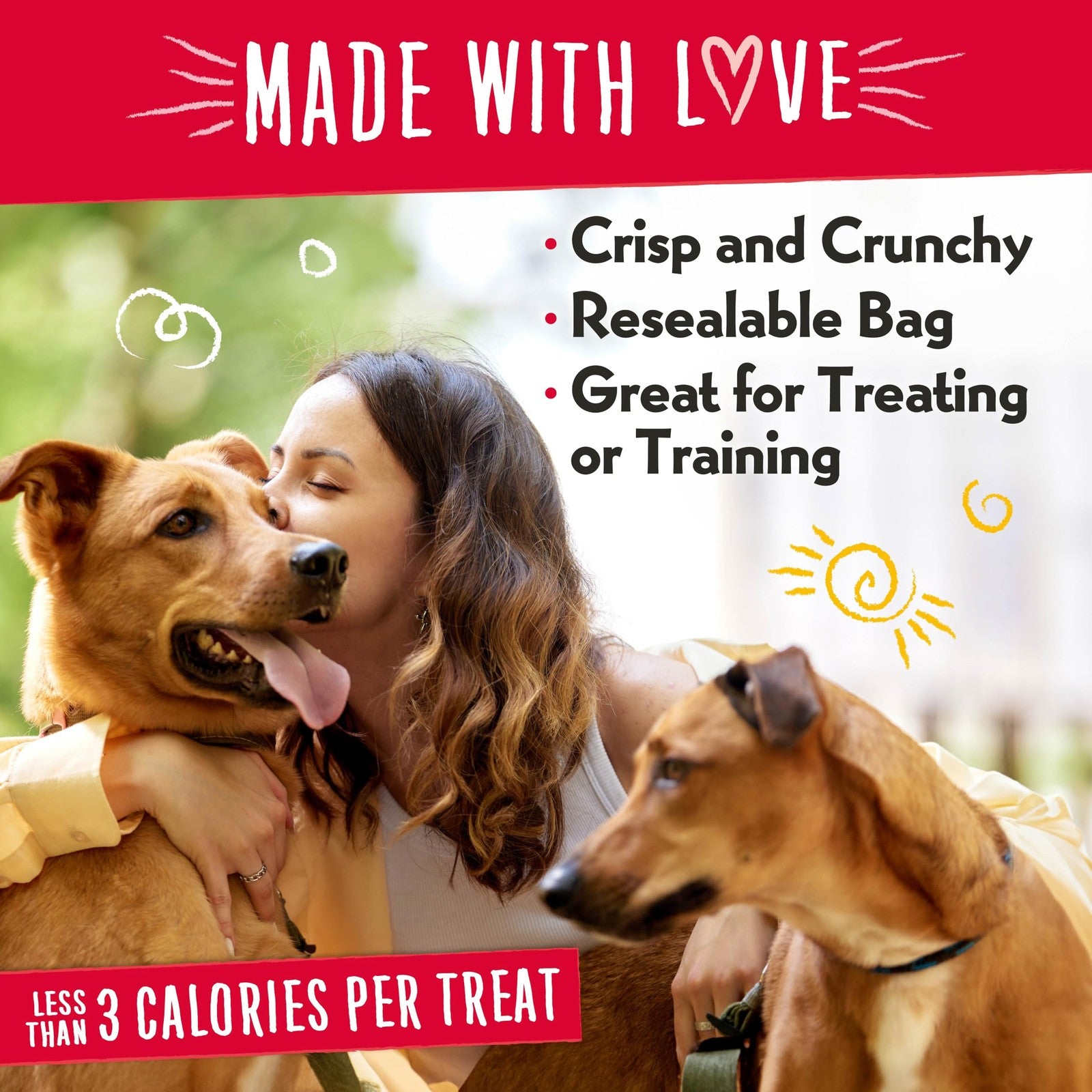 Charlee Bear dog training treats variety pack with crunchy, low-calorie treats for all breeds, shown in a colorful bag.