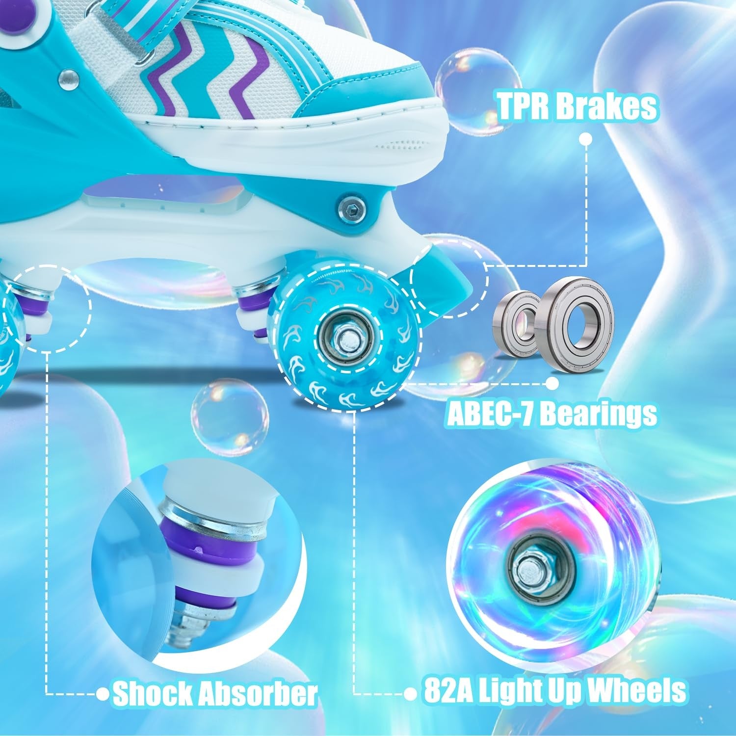 SMOOJOY kids roller skates for boys and girls in sky blue with adjustable straps, safe and comfortable for young skaters.