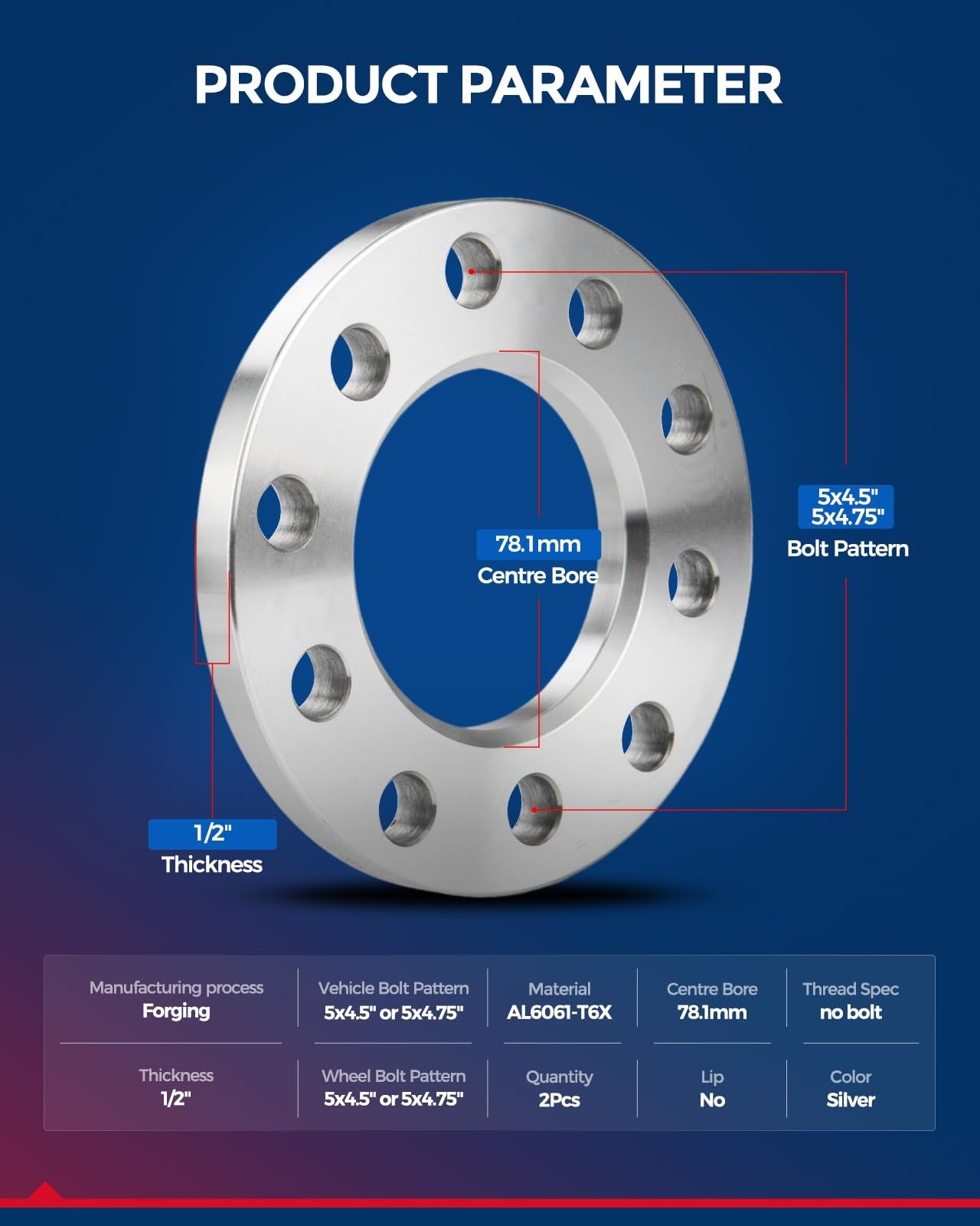 KAX 5x4.5 or 5x4.75 wheel spacers, 1/2 inch thick, for Elantra and CX-5 with 5-lug centric design, shown on vehicle wheel