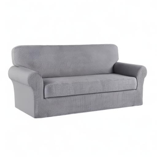 Turquoize stretch sofa slipcover for 3-cushion couch, two-piece sofa cover in turquoise fabric, fitting comfortably over the furniture.