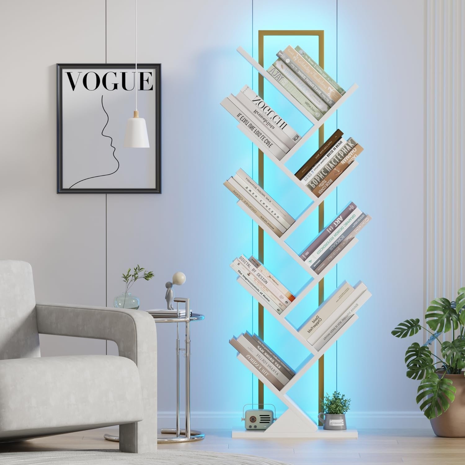 Qupui Tree Book Shelf with LED lights, 9-tier classical floor-standing bookcase showcasing wooden shelves and illuminated design.