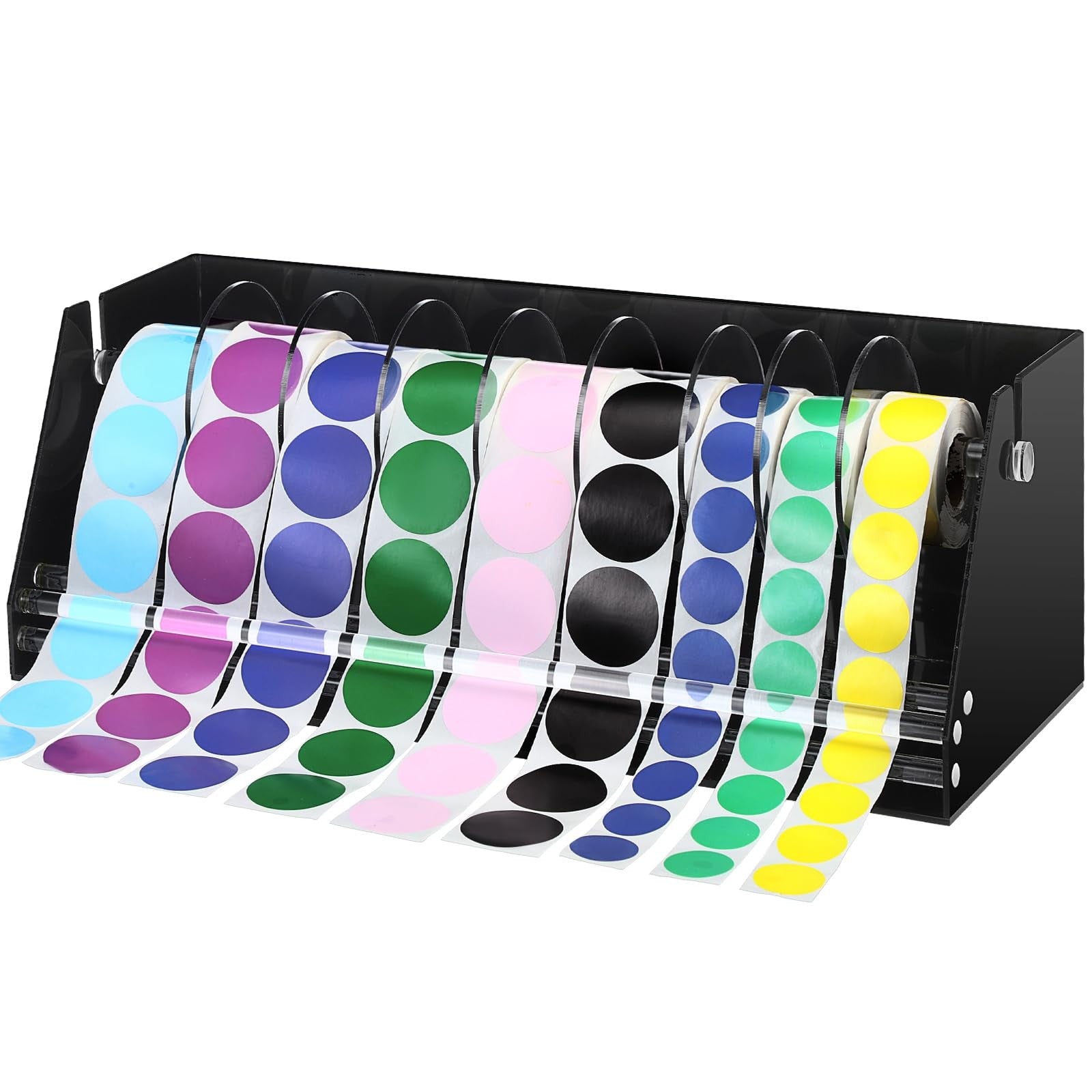Feifeiya adjustable acrylic sticker roll dispenser with nine disks, clear label holder for organizing and dispensing stickers.