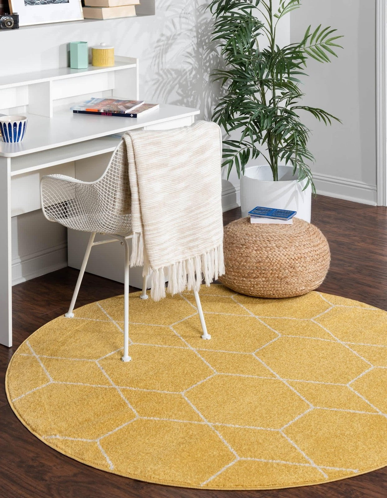 Unique Loom Trellis Frieze Collection geometric area rug with yellow circular patterns on a neutral background, showcasing modern design.