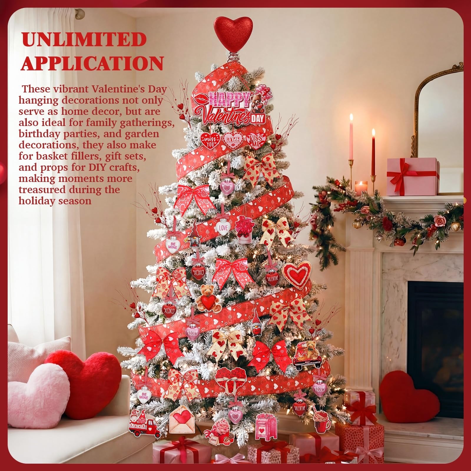 Halfchet 43 pcs Valentine's Day tree decorations with heart-shaped and themed hanging ornaments for festive holiday decor.
