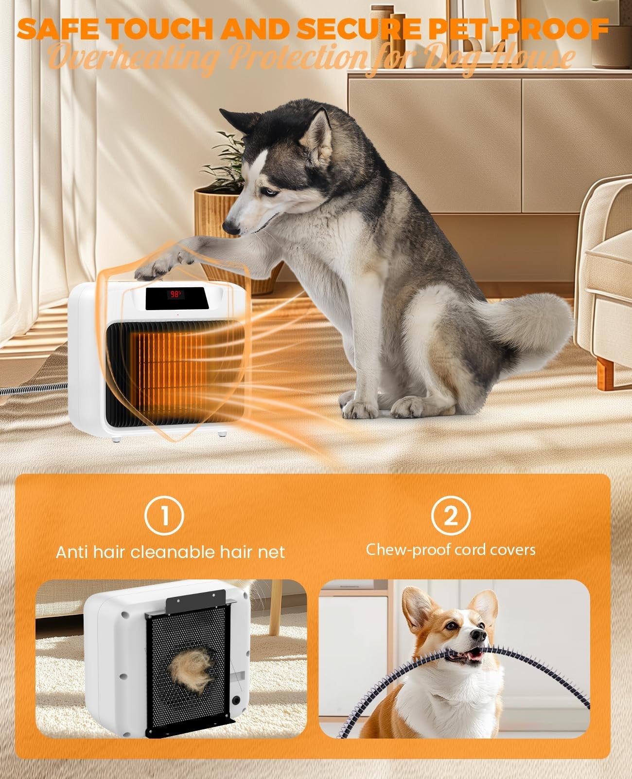Yiabivo heated dog house heater with thermostat, 6ft anti-chew cord, designed for outdoor pet warmth and safety.