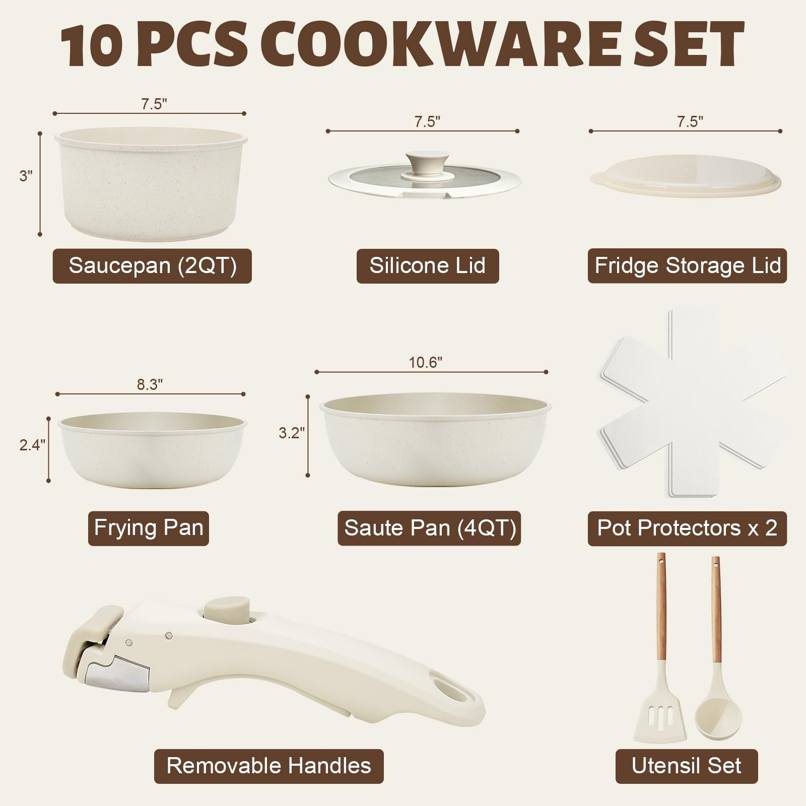 Numola 10-piece non-stick pots and pans set with detachable handles, ceramic cookware for versatile kitchen use