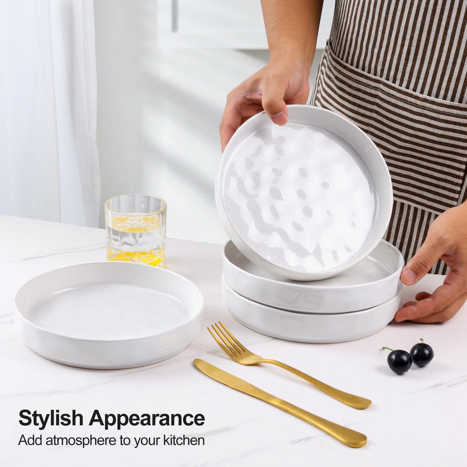 Set of four E-far 30oz pasta bowls with shallow design, 8.25 inches, ideal for salads and dinner serving, ceramic material