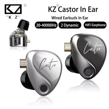KZ Castor improved bass earbuds with microphone, featuring in-ear design and sleek black finish for high-quality audio.
