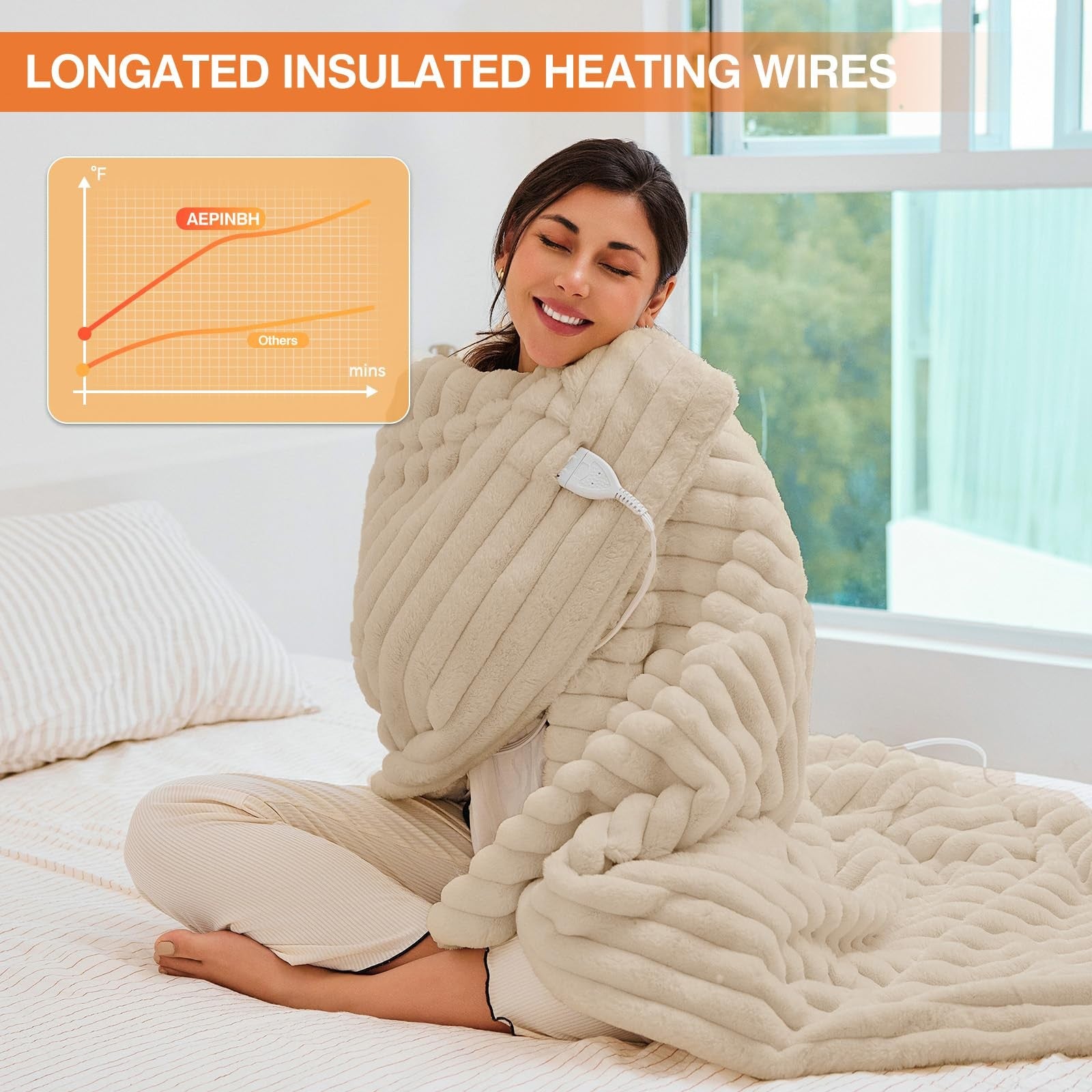 AEPINBH heated electric blanket throw with 6-level fast heating, showcasing soft faux material and control panel.