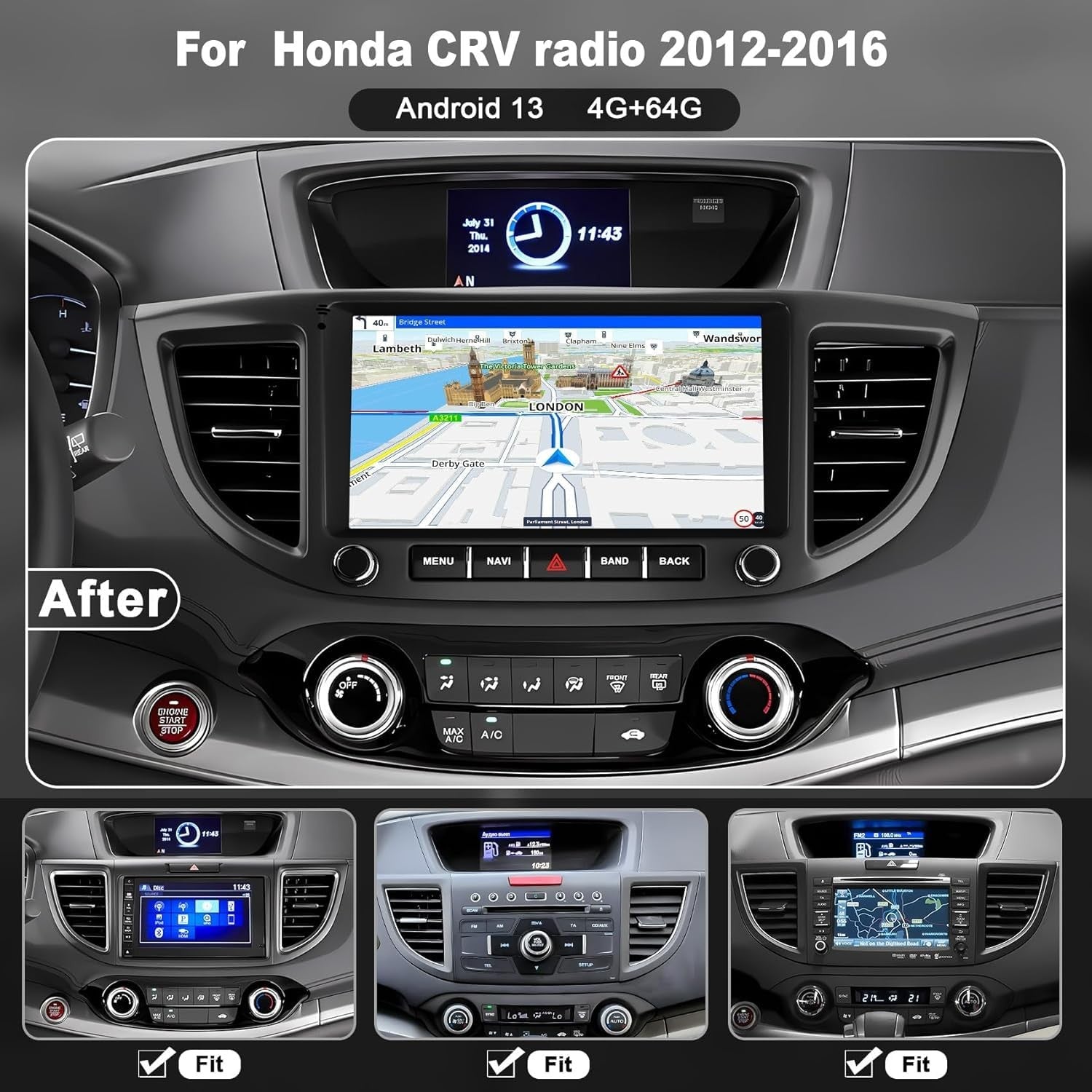 Adapter-Universe 4G64G car radio adapter for Honda CR-V 2012-2016 with a 9-inch display, compatible with 2012-2016 Honda CR-V models