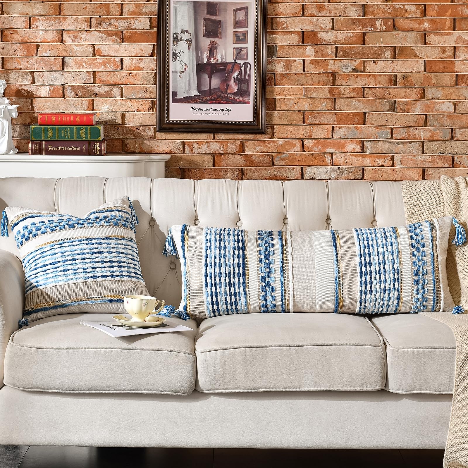 AmHoo chenille striped textured boho throw pillow cover with tassels, featuring colorful woven patterns and decorative accents.